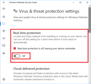 Windows Defender Real time protection off